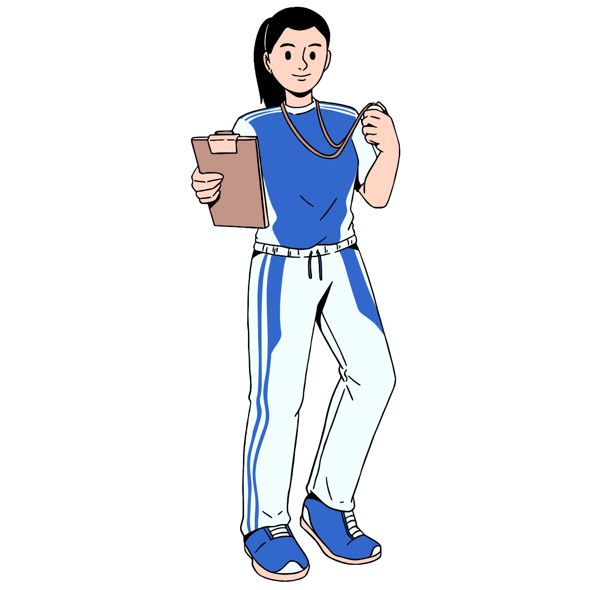 Illustration of a physical education teacher holding a clipboard, representing FIEPS Europe